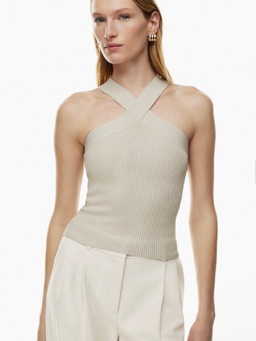 Babaton Sculpt Knit Cross-Front Halter Crop Top - Size L - Neutral Taupe
